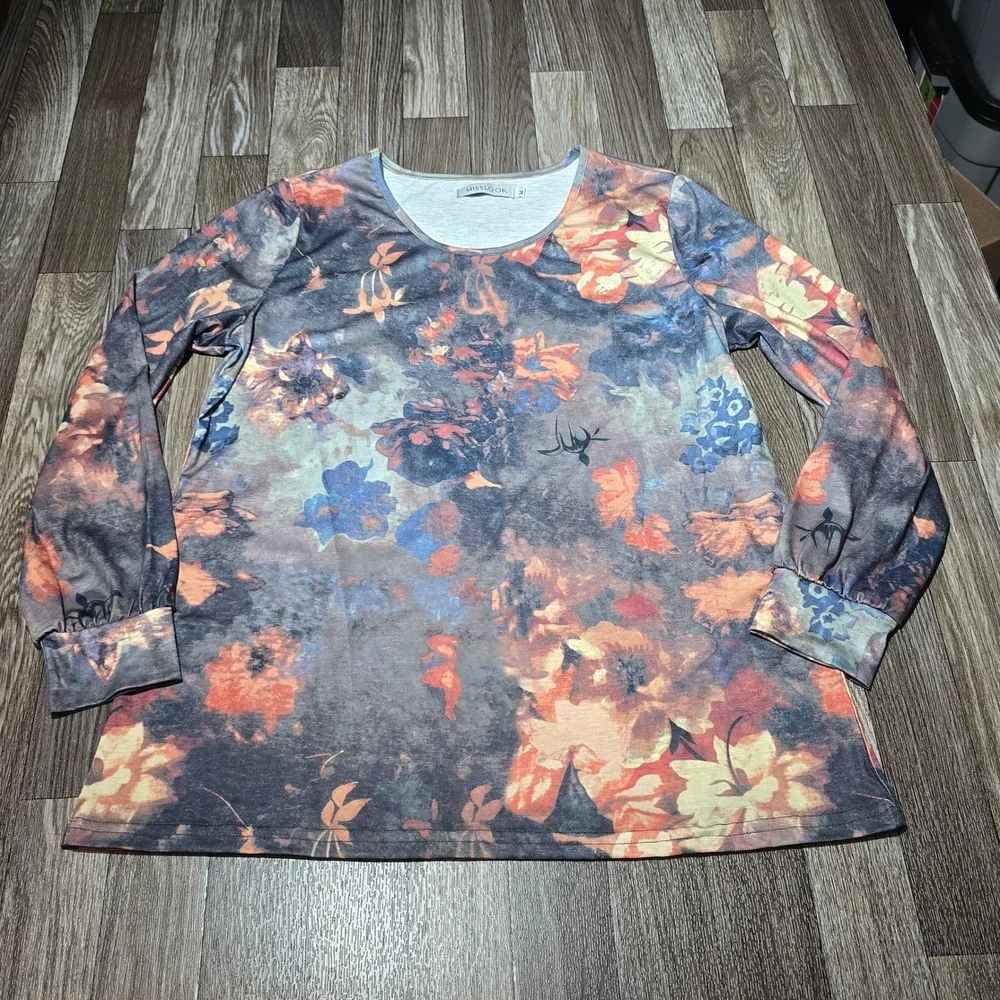 MISSLOOK Fall Floral Print Long Sleeve Top‎ Womens Multicolor Casual Blouse Sz M
